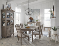Magnussen Home Lancaster Dovetail Grey Extendable Rectangular Dining Table With 2 Arm Chairs Upholstered Bench Server And Dining Cabinet