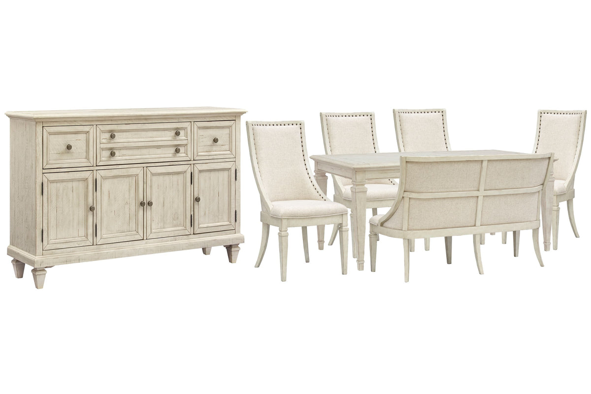 Magnussen Home Newport Alabaster Extendable Rectangular Dining Table With 4 Arm Chairs Upholstered Bench And Buffet