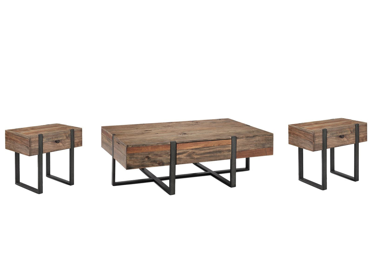 Magnussen Home Prescott Rustic Honey And Distressed Iron Rectangular Cocktail Table With 2 Chairside End Table