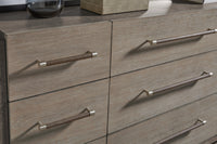 Pulaski Anderson Park Moose Trail And Frontier Brown California King Upholstered Panel Bed 2 Open Nightstands Drawer Dresser With Mirror And Drawer Chest