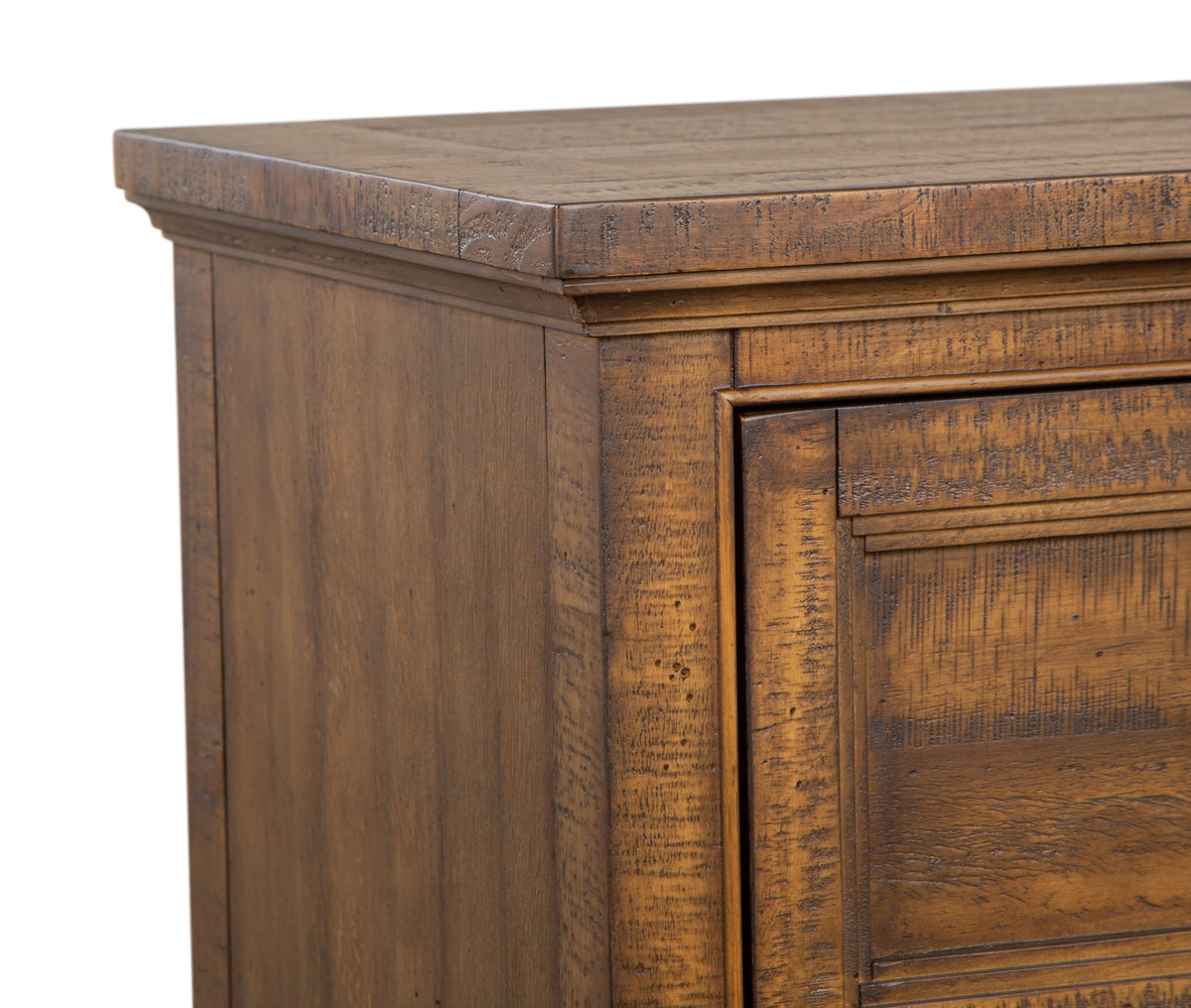 Magnussen Home Bay Creek Toasted Nutmeg King Panel Storage Bed 2 Small Nightstands Drawer Dresser With Landscape Mirror And Door Chest
