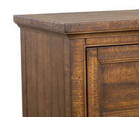 Magnussen Home Bay Creek Toasted Nutmeg King Panel Storage Bed 2 Small Nightstands Drawer Dresser With Landscape Mirror And Door Chest