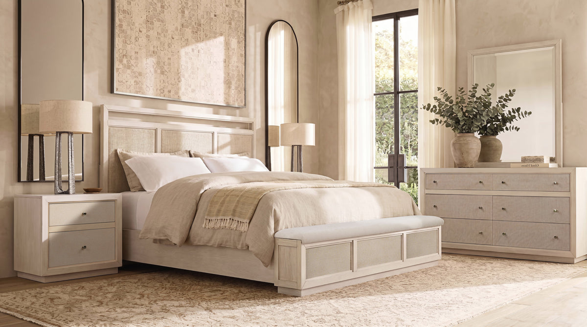 Magnussen Home Cypress Point Sand Dollar Queen Panel Storage Bench Bed With 2 Nightstands