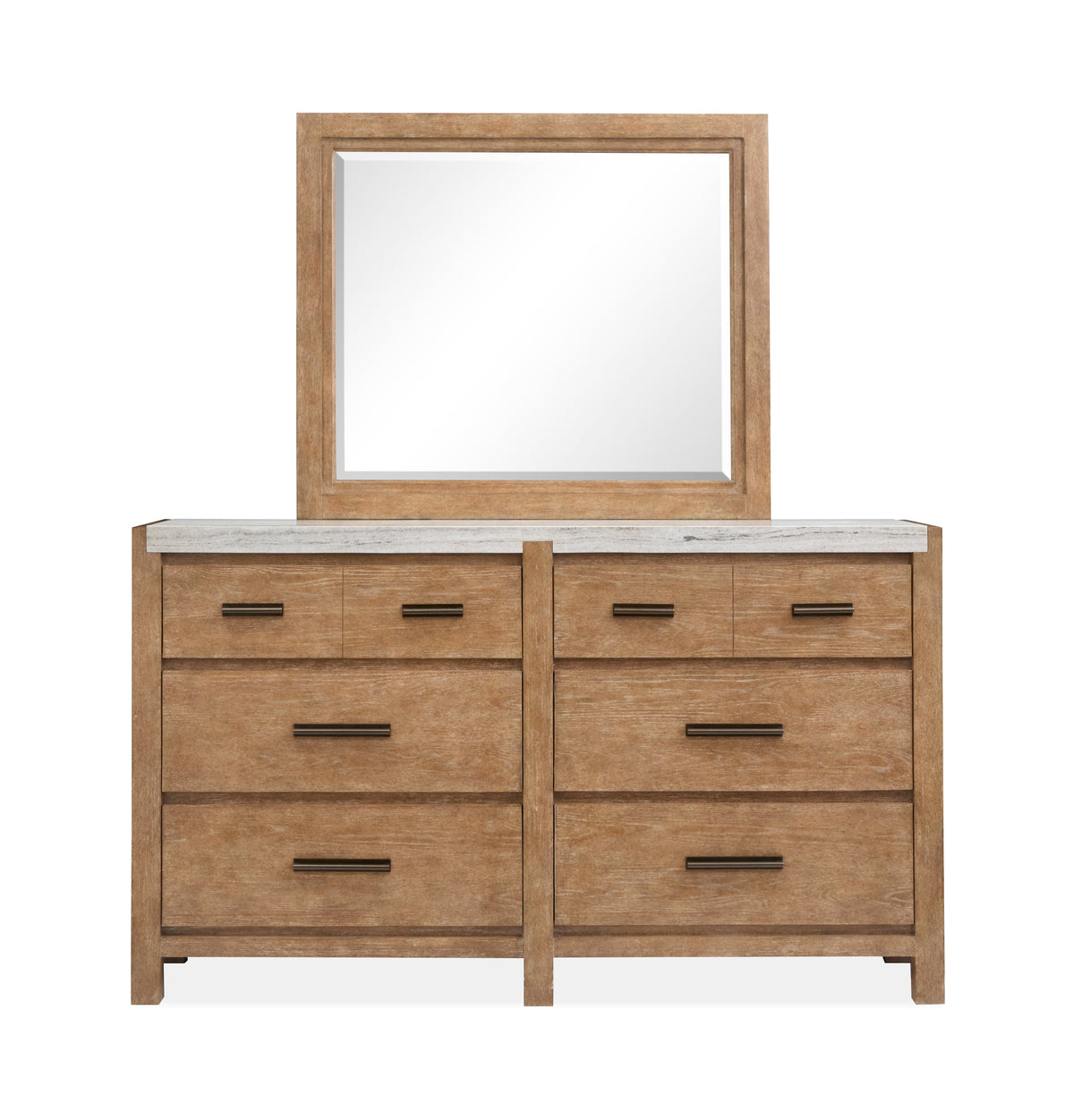 Magnussen Home Plum Creek Sierra Brown Queen Panel Bed 2 Nightstands And Drawer Dresser With Landscape Mirror
