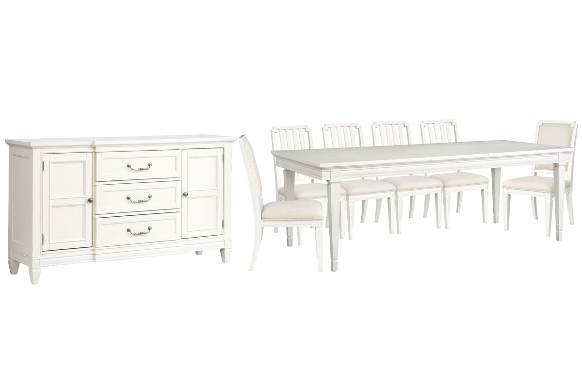 Magnussen Home Willowbrook Egg Shell White Extendable Rectangular Dining Table With 4 Side Chairs 2 Upholstered Side Chairs And Buffet