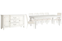 Magnussen Home Willowbrook Egg Shell White Extendable Rectangular Dining Table With 4 Side Chairs 2 Upholstered Side Chairs And Buffet
