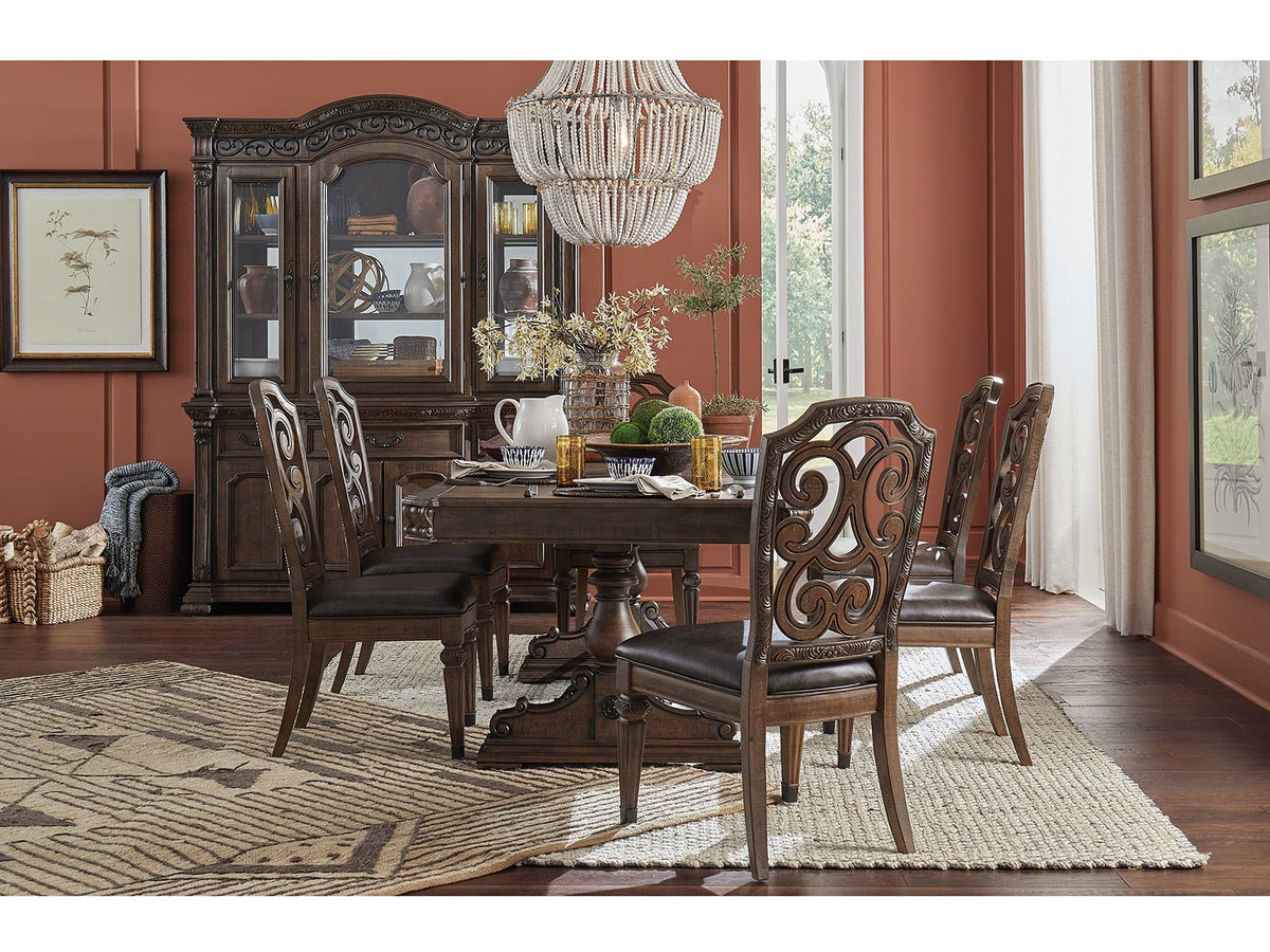 Magnussen Home Durango Willadeene Brown Extendable Trestle Dining Table With 4 Upholstered Side Chairs