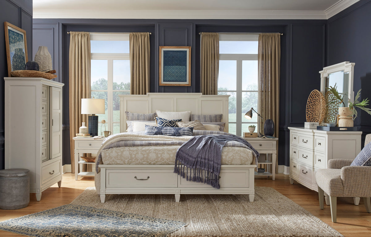Magnussen Home Willowbrook Egg Shell White California King Panel Storage Bed With Open Nightstand