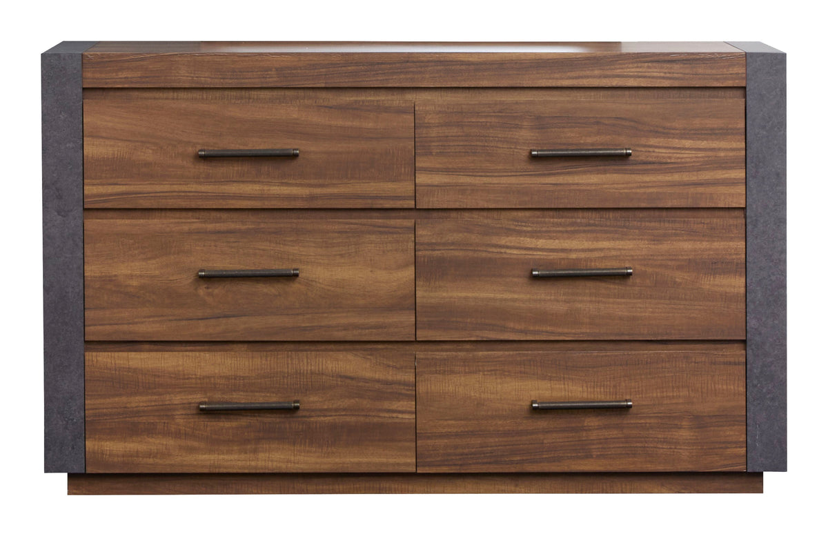 Magnussen Home Jensen Tavern Brown King Panel Bed 2 Nightstands Double Drawer Dresser With Landscape Mirror And Drawer Chest