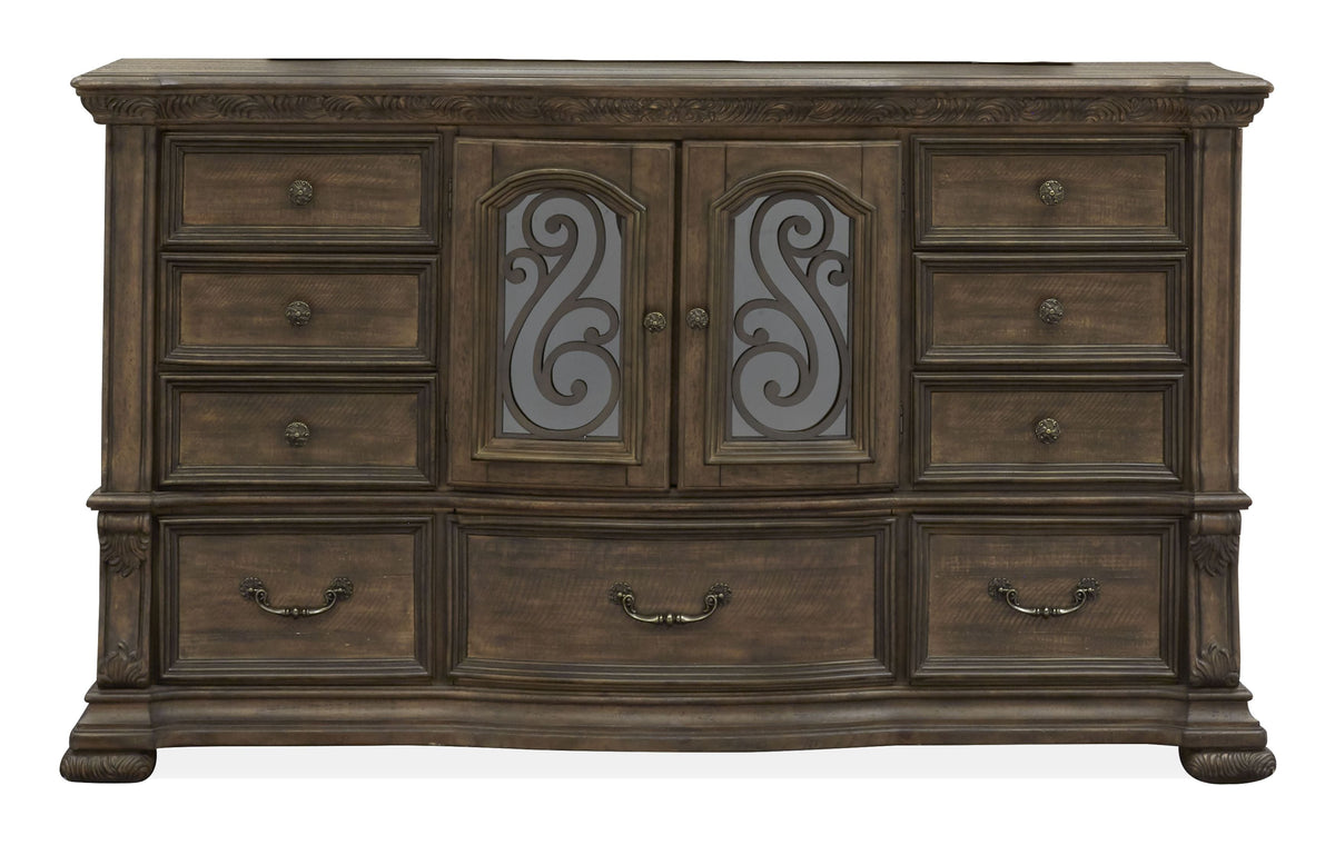 Magnussen Home Durango Willadeene Brown California King Upholstered Sleigh Storage Bed 2 Nightstands Drawer Dresser With Shaped Mirror And Drawer Chest