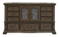 Magnussen Home Durango Willadeene Brown California King Upholstered Sleigh Storage Bed 2 Nightstands Drawer Dresser With Shaped Mirror And Drawer Chest