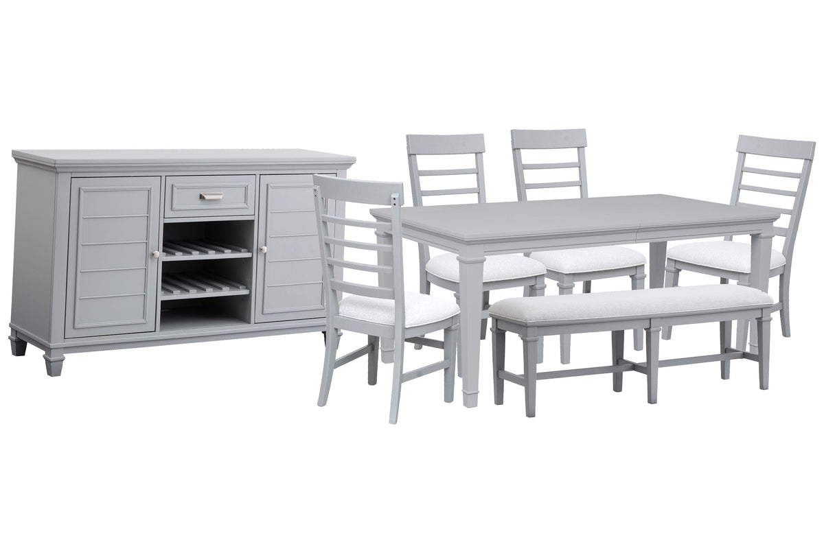 Magnussen Home Charleston Harbor Gray Grey Extendable Rectangular Dining Table With 4 Side Chairs Bench And Server