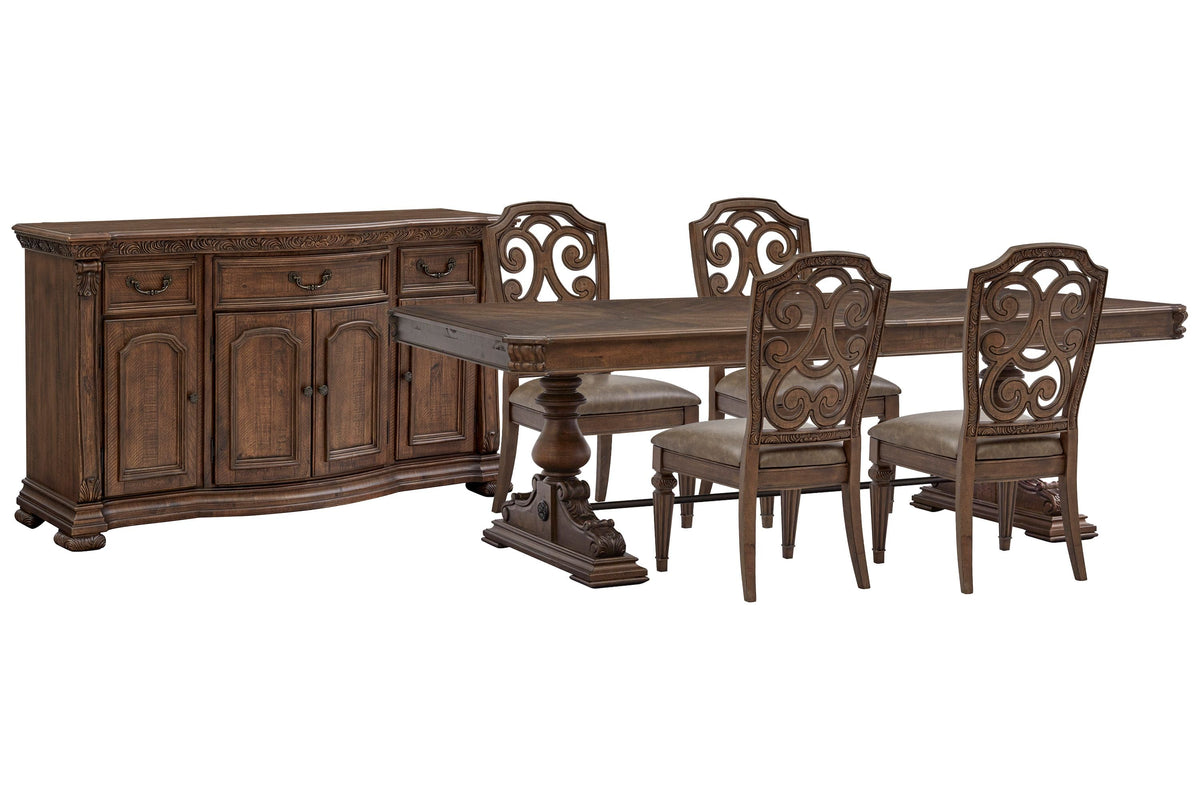 Magnussen Home Durango Willadeene Brown Extendable Trestle Dining Table With 4 Side Chairs And Buffet