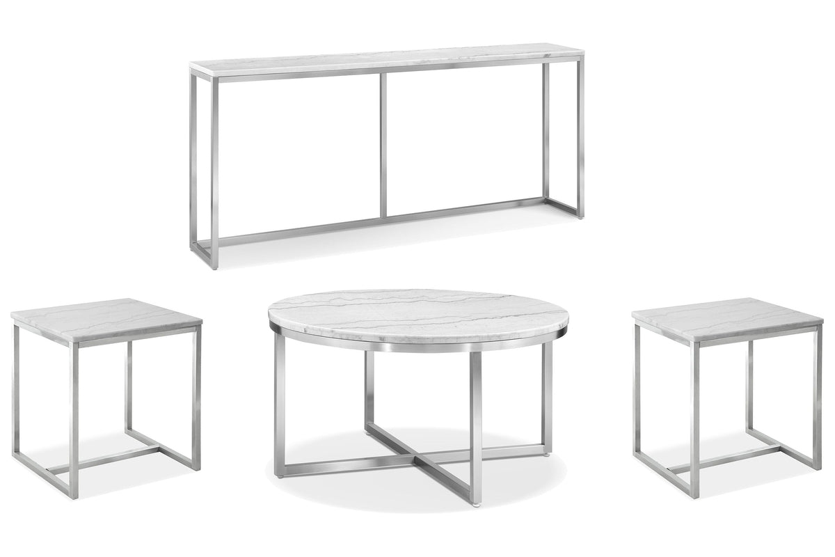 Magnussen Home Esme White Marble And Brushed Nickel Round Cocktail Table With 2 Rectangular End Table And Sofa Table