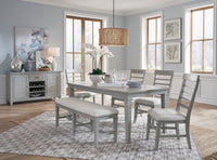 Magnussen Home Charleston Harbor Gray Grey Extendable Rectangular Dining Table With 4 Side Chairs Bench And Server