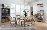Magnussen Home Lindon Belgian Wheat Extendable Rectangular Dining Table With 2 Arm Benches 2 Grey Side Chairs And Buffet