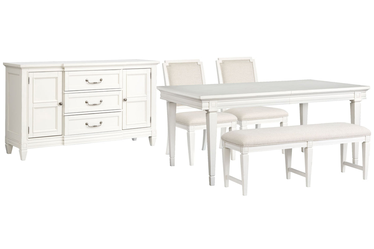 Magnussen Home Willowbrook Egg Shell White Extendable Rectangular Dining Table With 2 Upholstered Side Chairs Upholstered Bench And Buffet