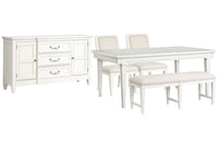 Magnussen Home Willowbrook Egg Shell White Extendable Rectangular Dining Table With 2 Upholstered Side Chairs Upholstered Bench And Buffet