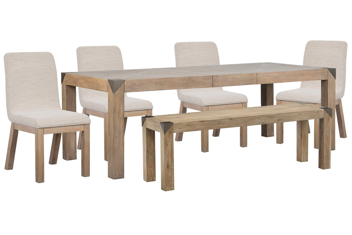 Magnussen Home Ainsley Cerused Khaki Extendable Rectangular Dining Table With 4 Host Chairs And Bench
