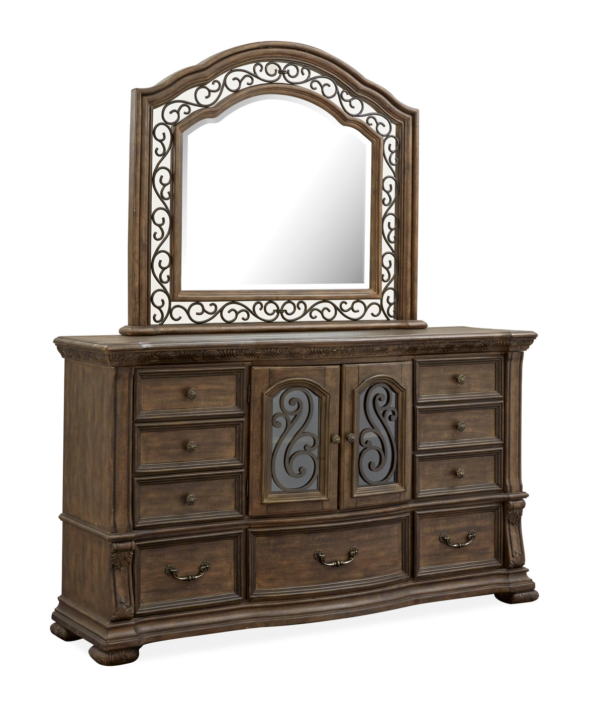Magnussen Home Durango Willadeene Brown California King Upholstered Sleigh Storage Bed 2 Nightstands Drawer Dresser With Shaped Mirror And Drawer Chest