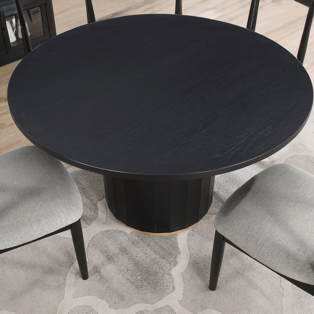 Magnolia 52-inch Round Dining Table & 4 Upholstered Side Chairs, Black Finish