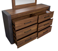Magnussen Home Jensen Tavern Brown King Panel Bed 2 Nightstands Double Drawer Dresser With Landscape Mirror And Drawer Chest