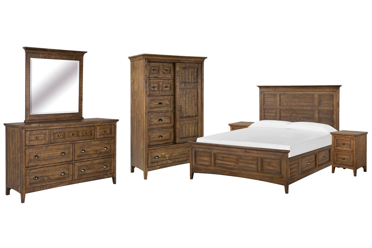 Magnussen Home Bay Creek Toasted Nutmeg King Panel Storage Bed 2 Small Nightstands Drawer Dresser With Landscape Mirror And Door Chest