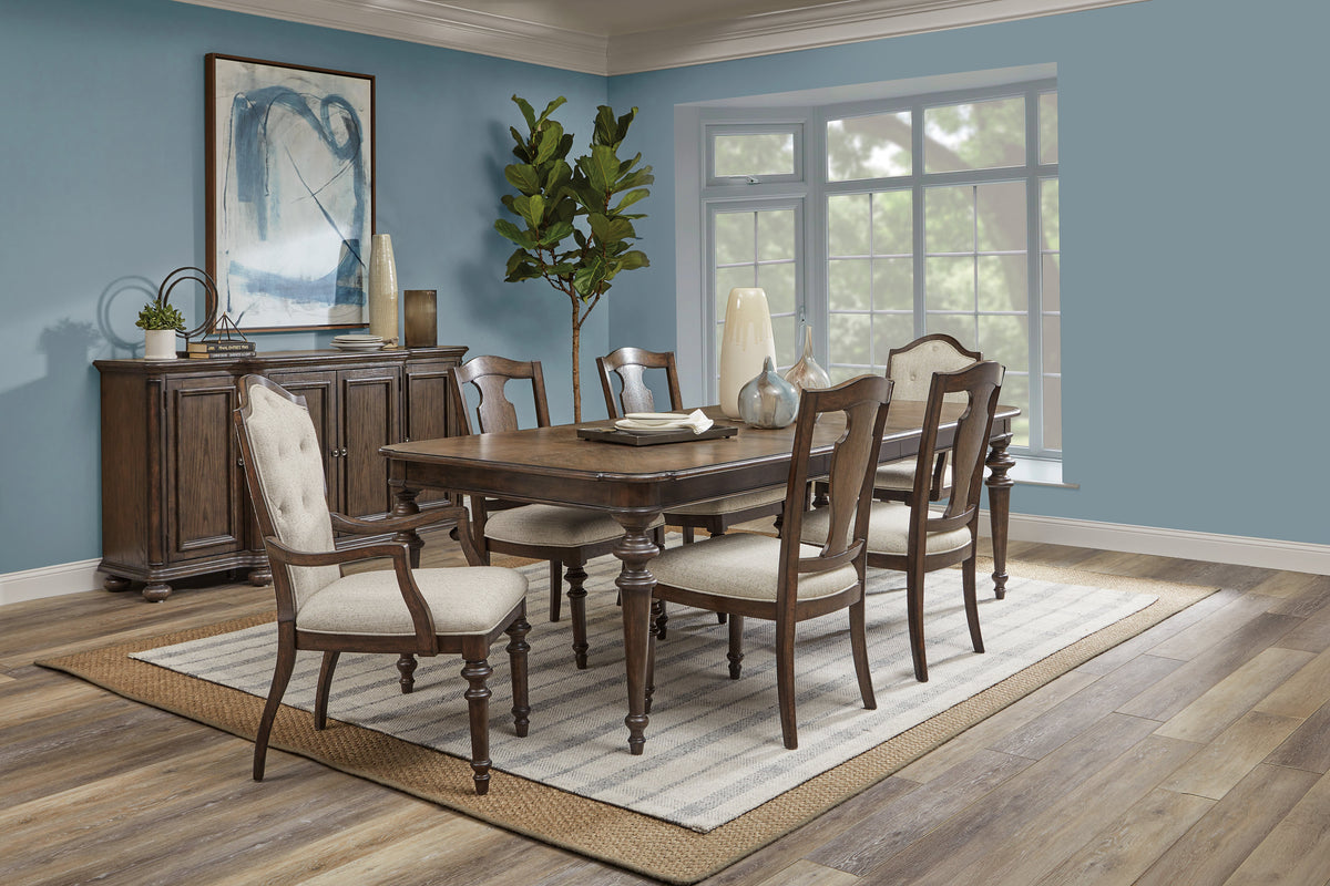 Pulaski Saddle Creek Timber Brown Extendable Leg Dining Table With 8 Upholstered Arm Chairs And Server