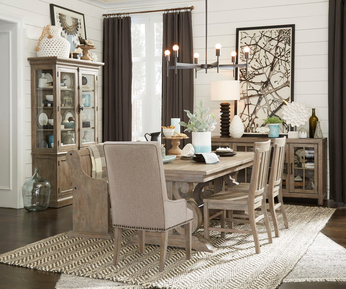 Magnussen Home Tinley Park Dove Tail Grey Extendable Rectangular Dining Table With 4 Side Chairs Server And Dining Cabinet