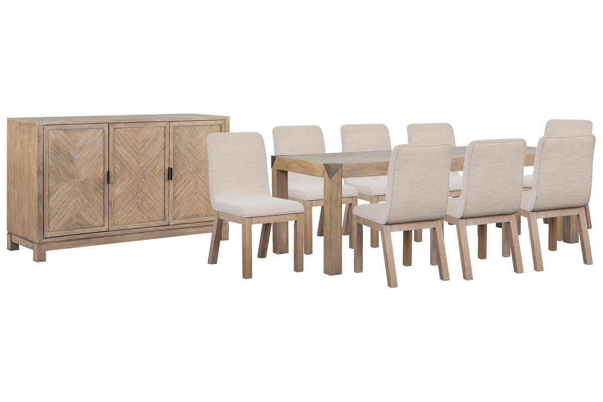 Magnussen Home Ainsley Cerused Khaki Extendable Rectangular Dining Table With 8 Host Chairs And Buffet