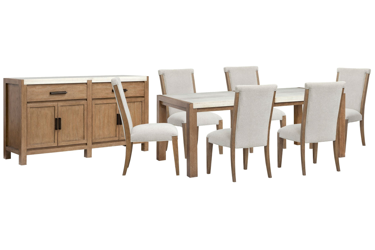 Magnussen Home Plum Creek Sierra Brown Rectangular Dining Table With 6 Upholstered Side Chairs And Server