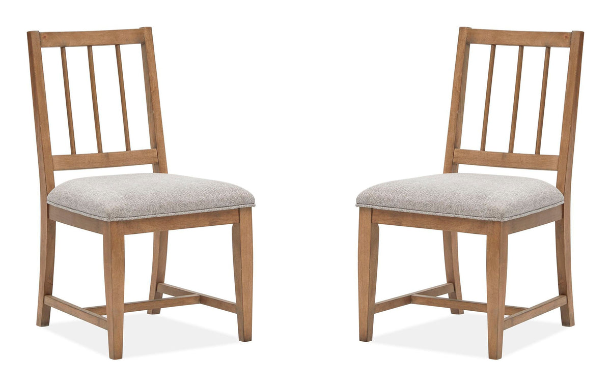 Magnussen Home Lindon Belgian Wheat Extendable Rectangular Dining Table With 2 Arm Benches And 2 Grey Side Chairs