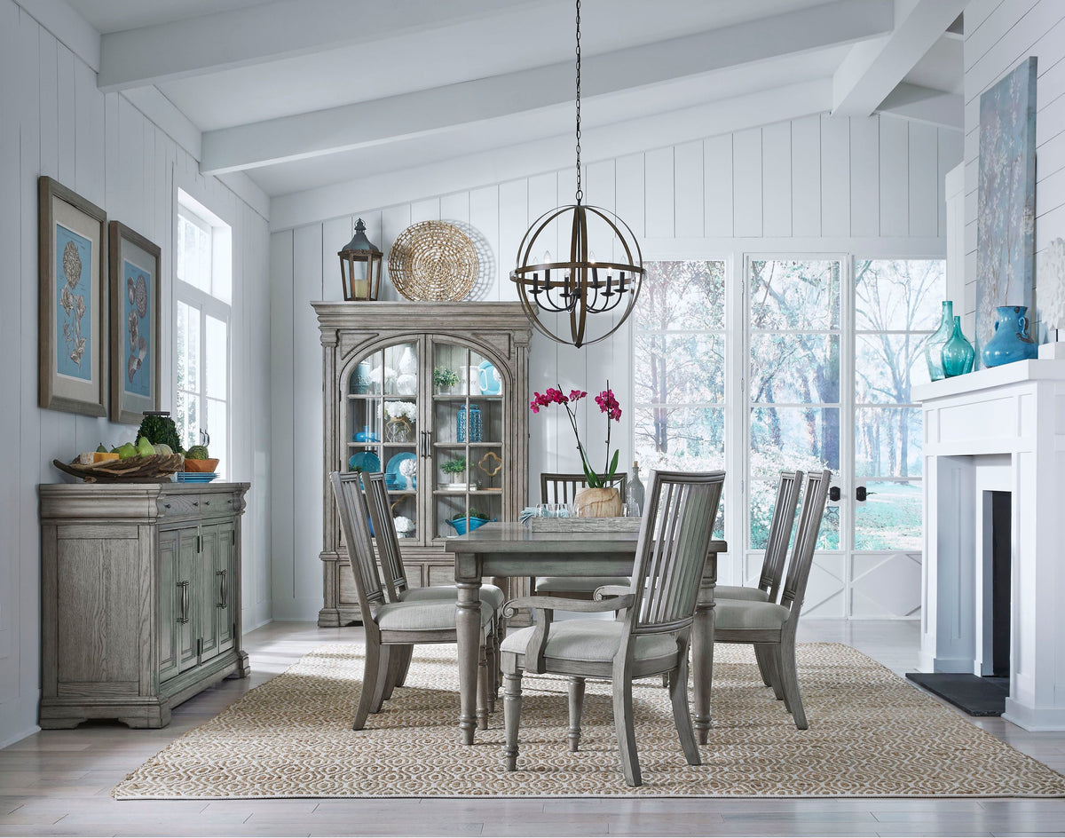 Pulaski Madison Ridge Bluff Grey Farmhouse Leg Dining Table With 4 Side Chairs And Server