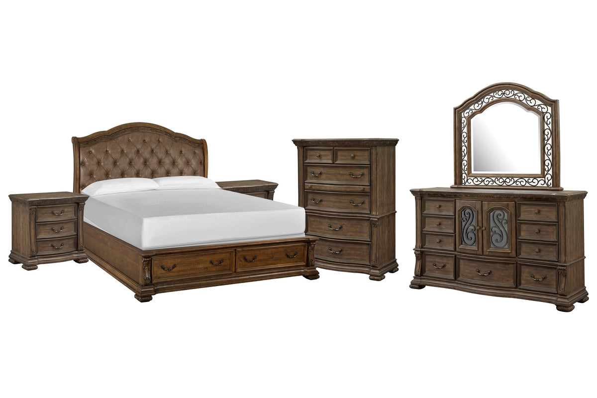Magnussen Home Durango Willadeene Brown California King Upholstered Sleigh Storage Bed 2 Nightstands Drawer Dresser With Shaped Mirror And Drawer Chest