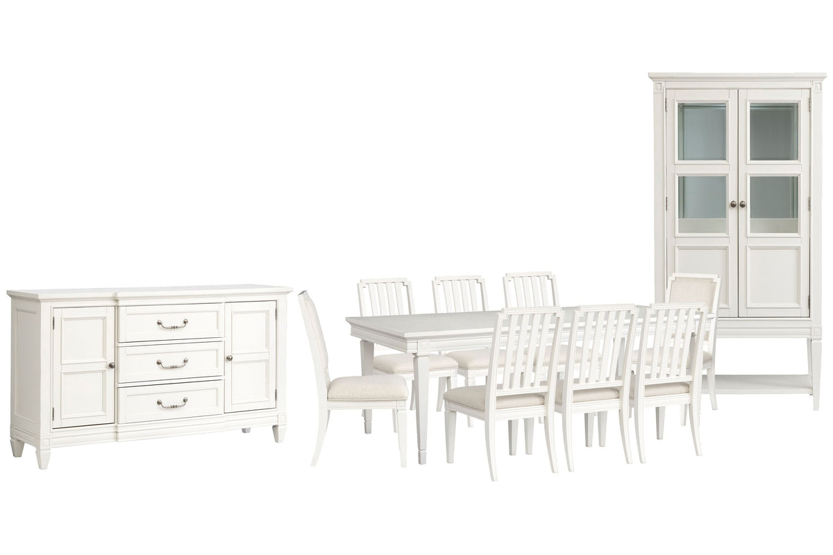 Magnussen Home Willowbrook Egg Shell White Extendable Rectangular Dining Table With 6 Side Chairs 2 Upholstered Side Chairs Buffet And Display Cabinet