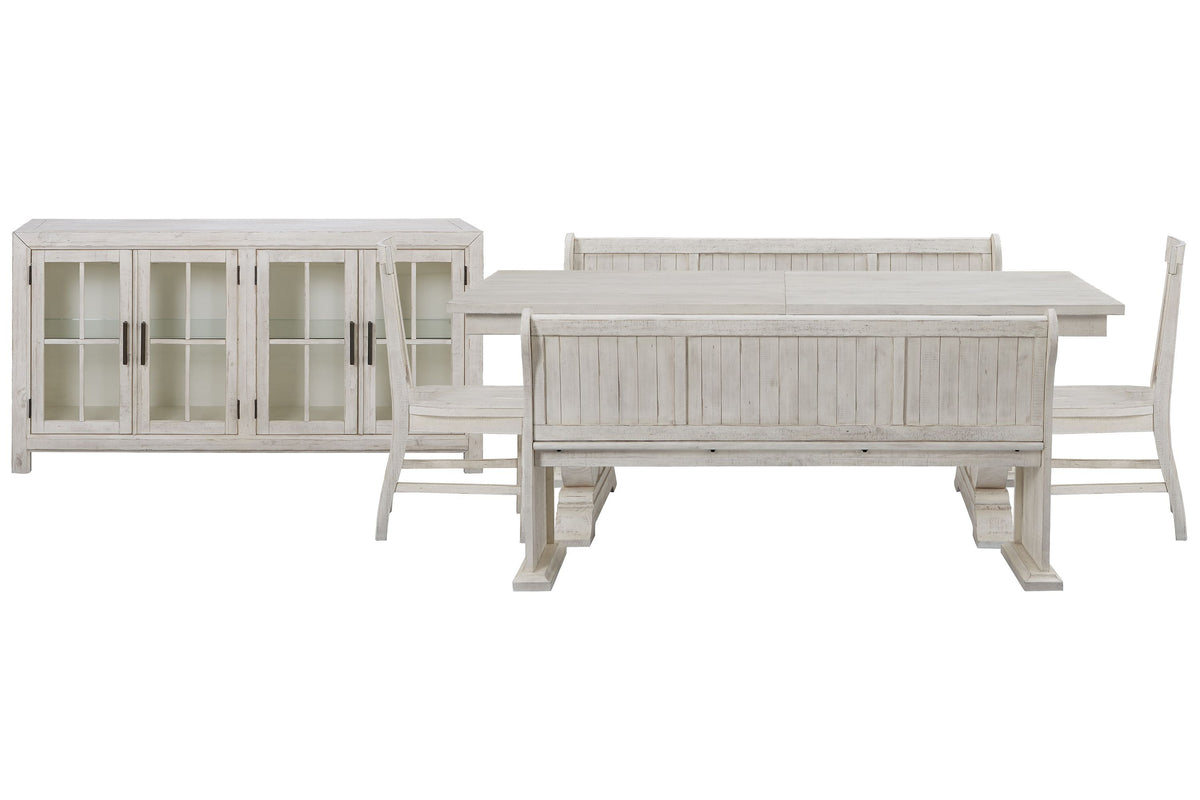 Magnussen Home Bronwyn Alabaster Extendable Rectangular Dining Table With 2 Benches 2 Side Chairs And Buffet