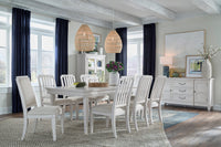 Magnussen Home Willowbrook Egg Shell White Extendable Rectangular Dining Table With 4 Side Chairs 2 Upholstered Side Chairs And Buffet