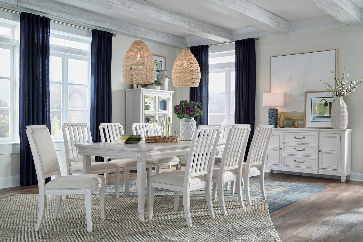 Magnussen Home Willowbrook Egg Shell White Extendable Rectangular Dining Table With 2 Upholstere Benches 2 Side Chairs And Buffet