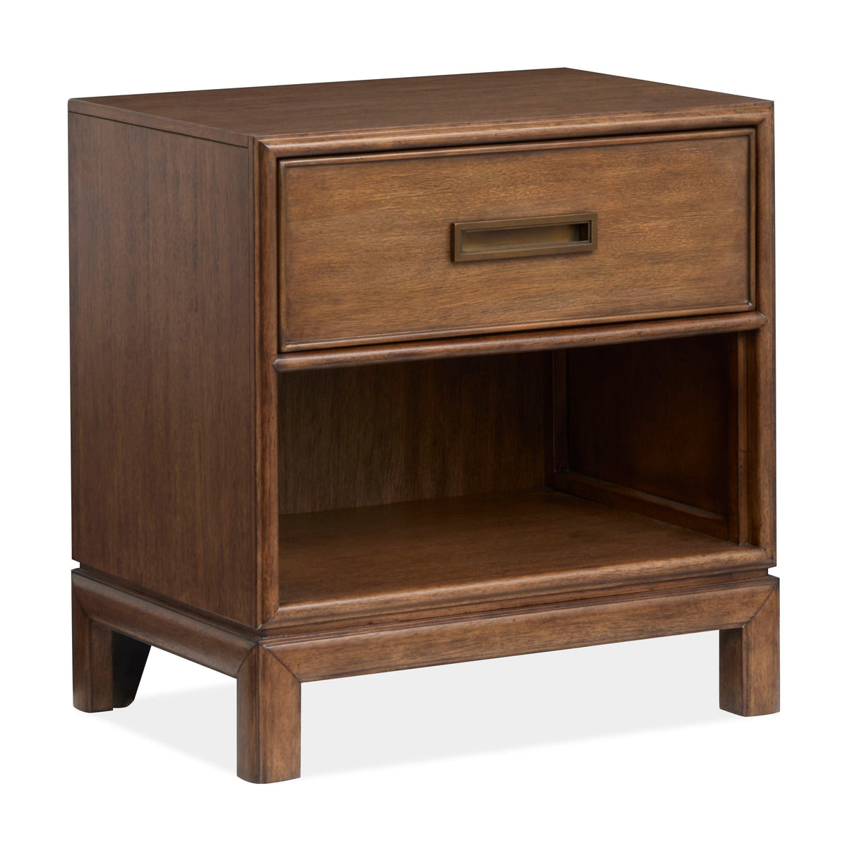 Magnussen Home Ridgefield Russet King Upholstered Panel Bed 2 Open Nightstands And Double Drawer Dresser With Landscape Mirror
