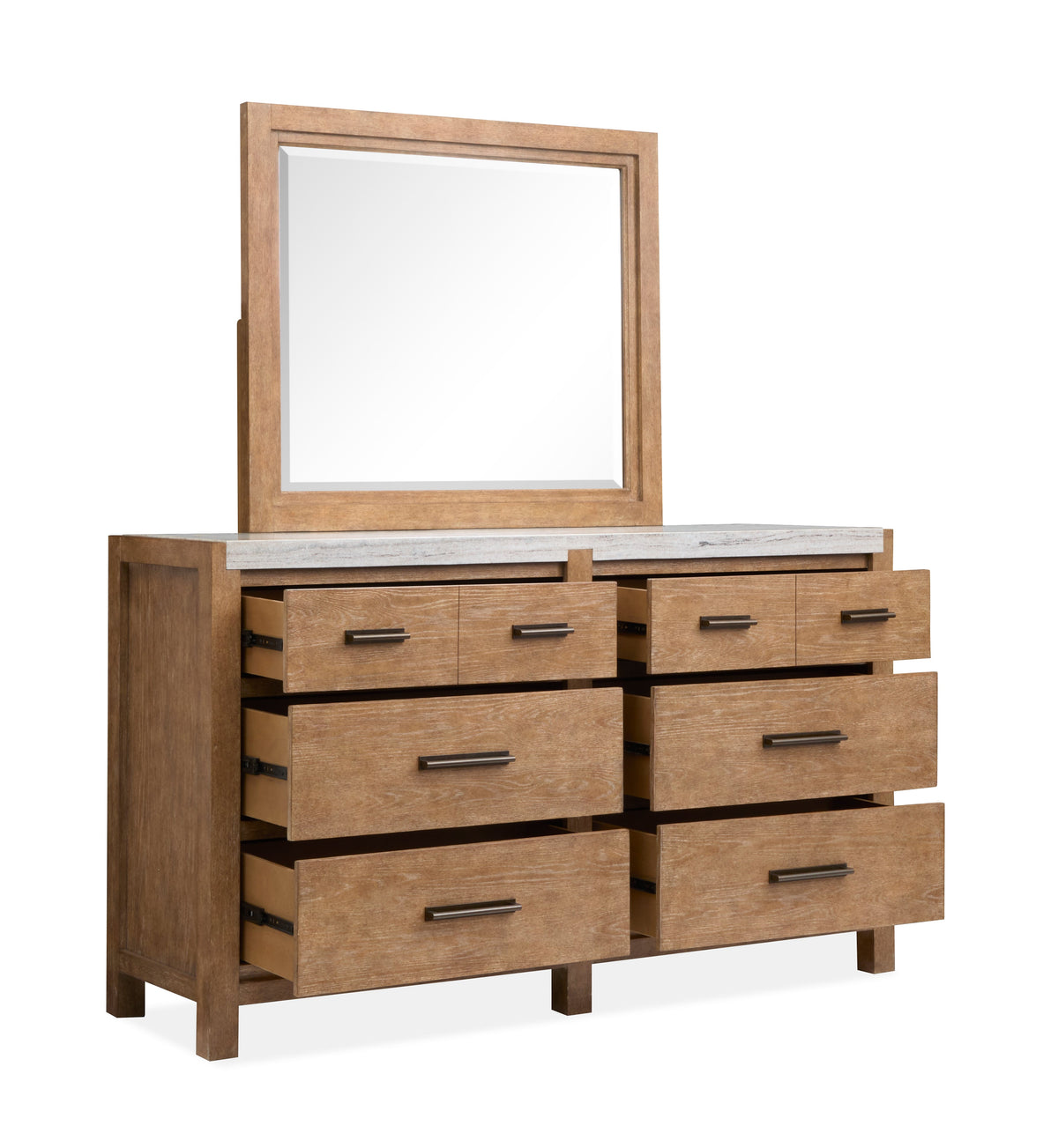 Magnussen Home Plum Creek Sierra Brown Queen Panel Bed 2 Nightstands And Drawer Dresser With Landscape Mirror