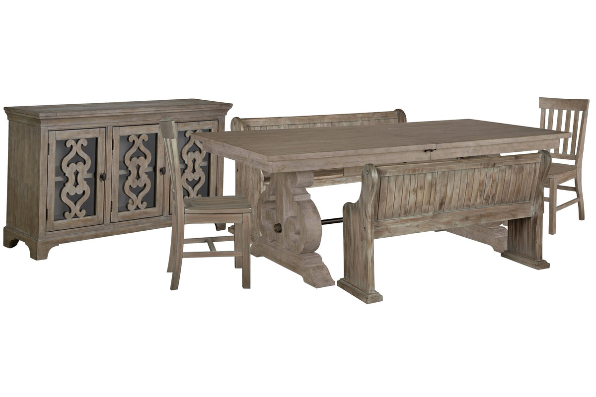 Magnussen Home Tinley Park Dove Tail Grey Extendable Rectangular Dining Table With 2 Benches 2 Side Chairs And Server