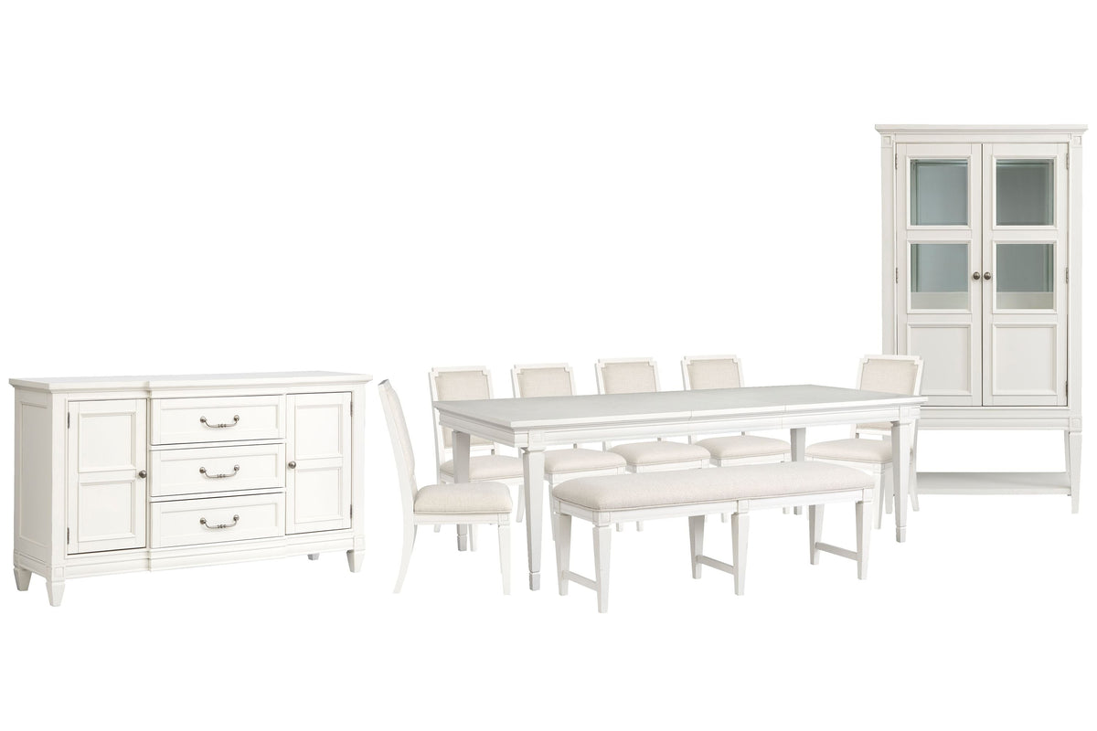 Magnussen Home Willowbrook Egg Shell White Extendable Rectangular Dining Table With 6 Upholstered Side Chairs Upholstered Bench Buffet And Display Cabinet