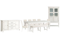 Magnussen Home Willowbrook Egg Shell White Extendable Rectangular Dining Table With 6 Upholstered Side Chairs Upholstered Bench Buffet And Display Cabinet