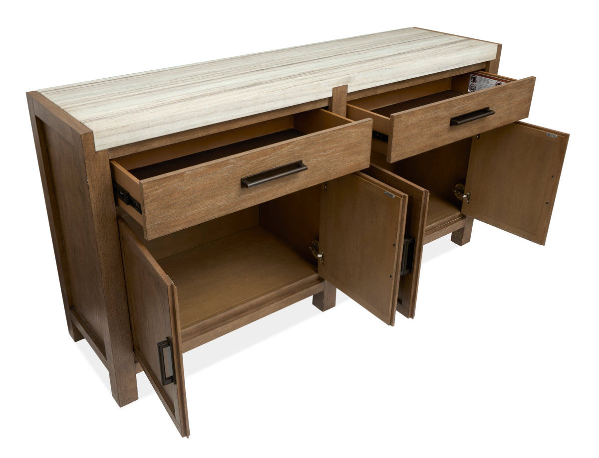 Magnussen Home Plum Creek Sierra Brown Rectangular Dining Table With 6 Upholstered Side Chairs And Server