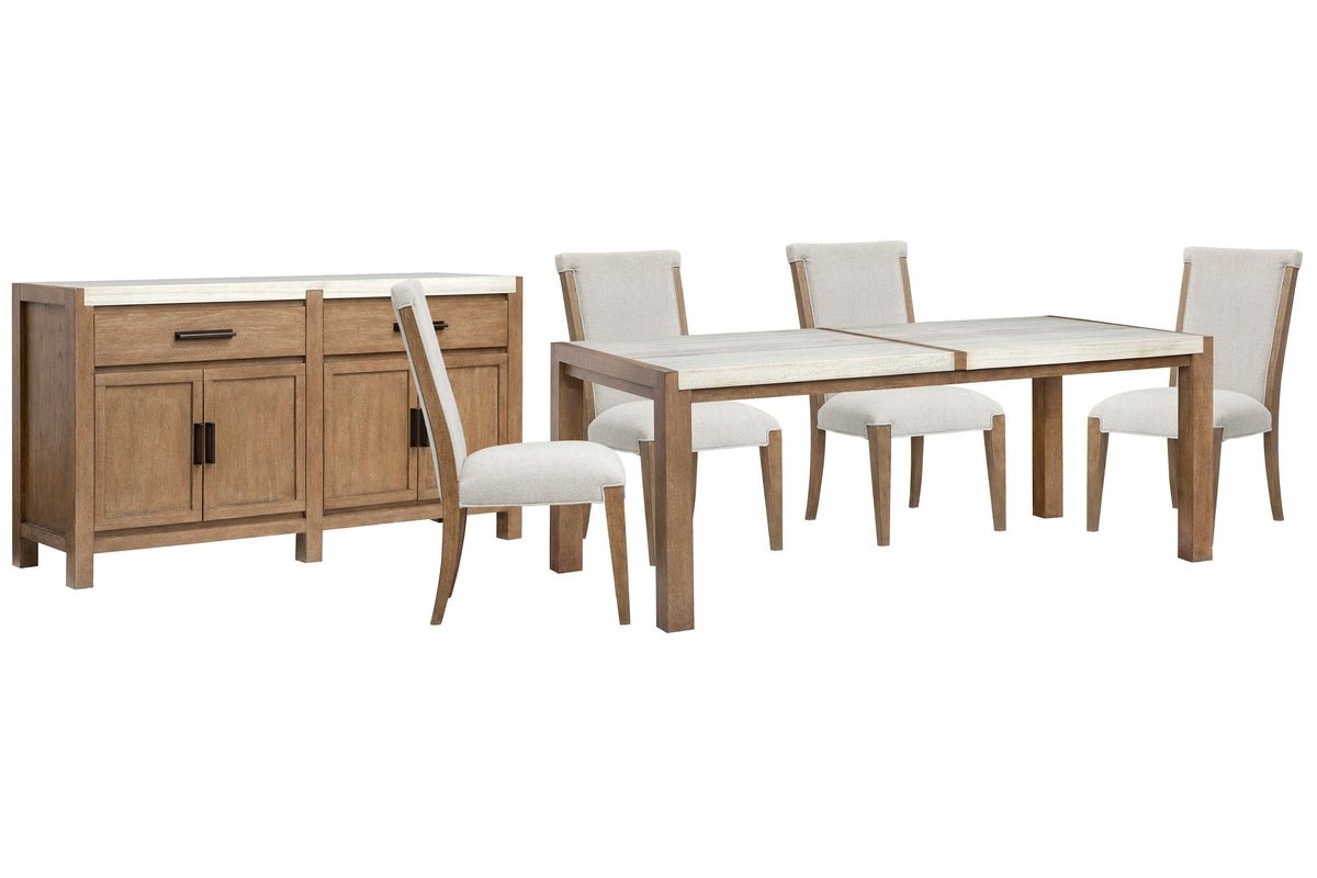 Magnussen Home Plum Creek Sierra Brown Rectangular Dining Table With 4 Upholstered Side Chairs And Server