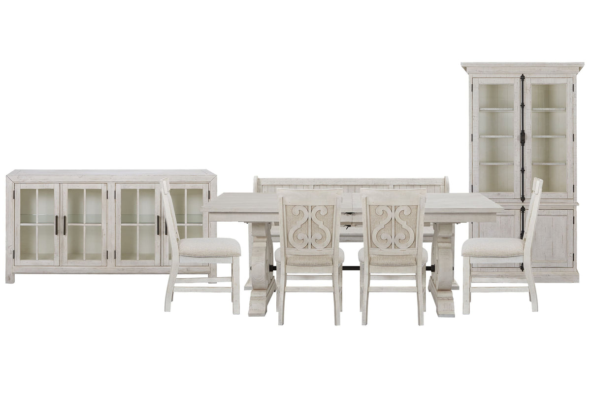 Magnussen Home Bronwyn Alabaster Extendable Rectangular Dining Table With 4 Upholstered Side Chairs Bench Buffet And Dining Cabinet