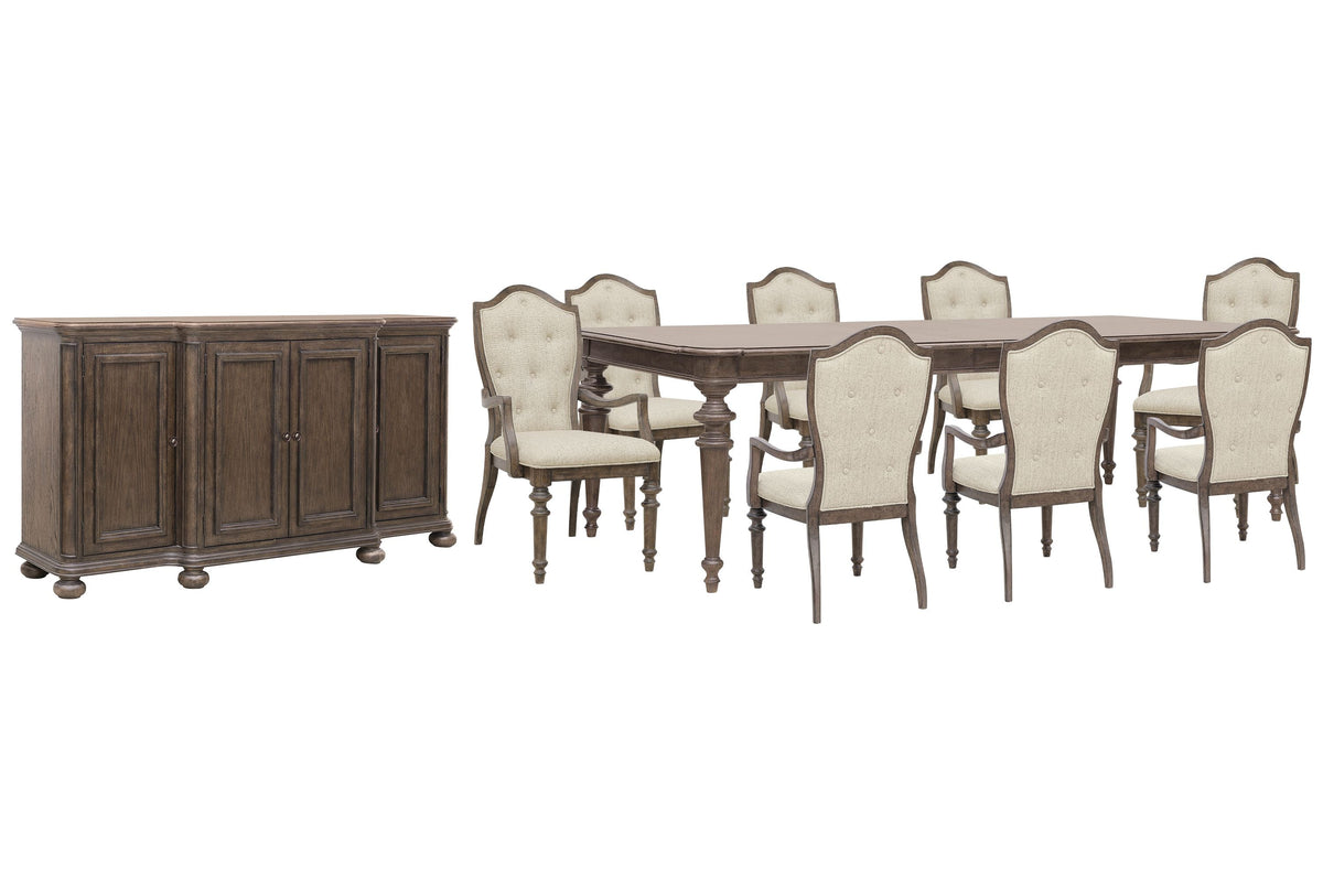 Pulaski Saddle Creek Timber Brown Extendable Leg Dining Table With 8 Upholstered Arm Chairs And Server