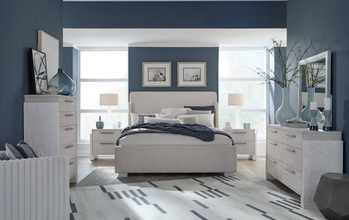 Magnussen Home Lorelei Misty Cloud King Upholstered Sleigh Bed With Nightstand