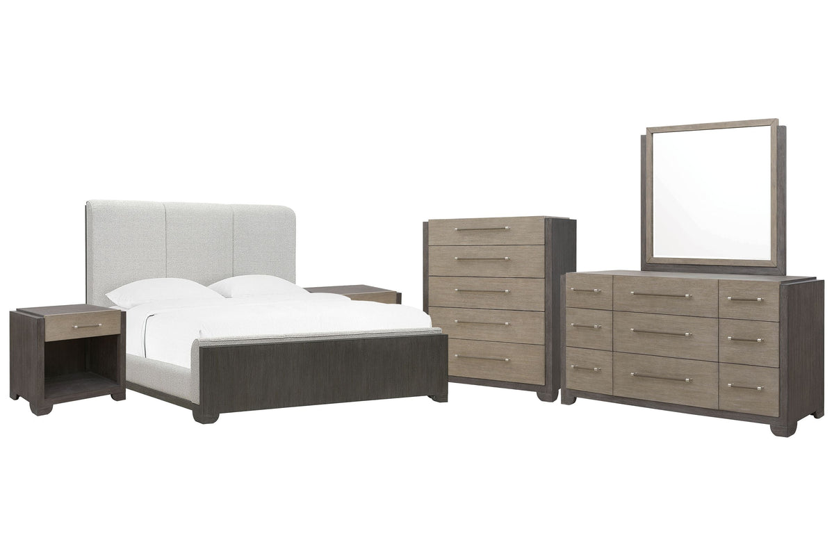 Pulaski Anderson Park Moose Trail And Frontier Brown California King Upholstered Panel Bed 2 Open Nightstands Drawer Dresser With Mirror And Drawer Chest