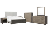 Pulaski Anderson Park Moose Trail And Frontier Brown California King Upholstered Panel Bed 2 Open Nightstands Drawer Dresser With Mirror And Drawer Chest